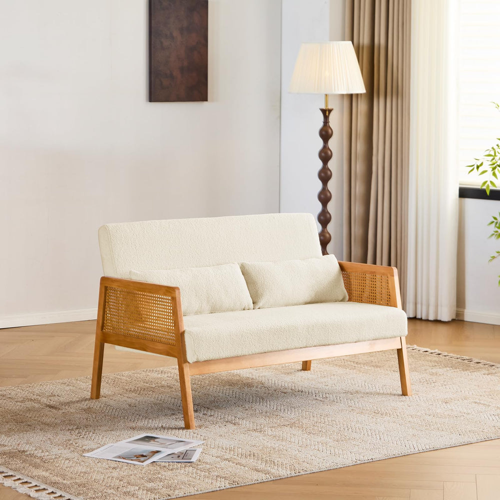 Small Loveseat with Rattan Armrests & Sherpa Fabric