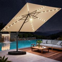 10 ft Square Cantilever Patio Umbrella with Solar Lights & Base