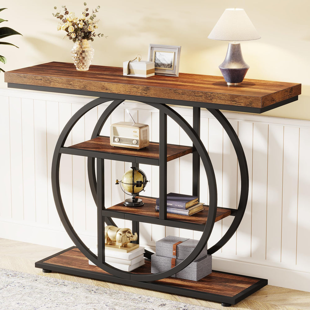 4-Tier Industrial Console Table with Circle Base