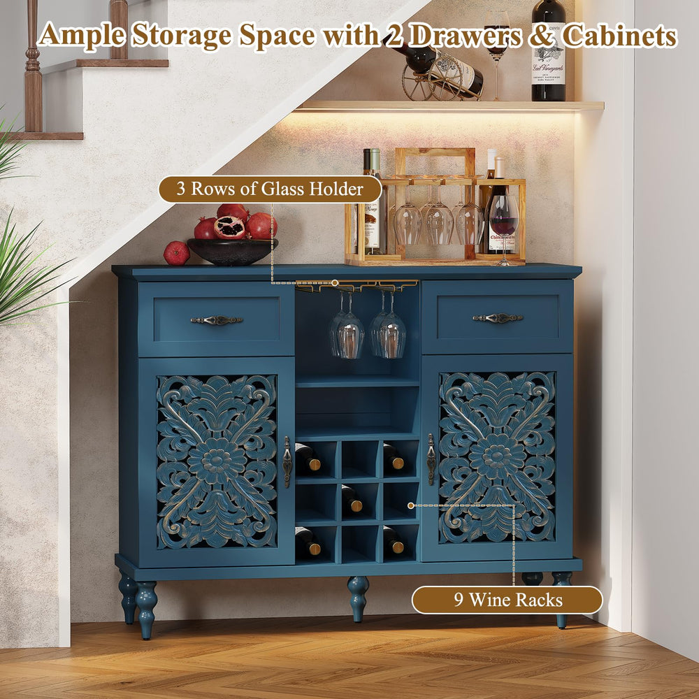 Vintage Wine Bar Cabinet with Carved Doors, Wine Racks & Glass Holder