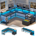 L-Shaped Corner Desk with File Drawer, LED Lights & Monitor Shelf