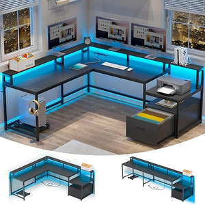 L-Shaped Corner Desk with File Drawer, LED Lights & Monitor Shelf
