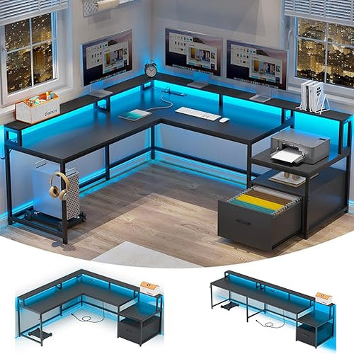 L-Shaped Corner Desk with File Drawer, LED Lights & Monitor Shelf
