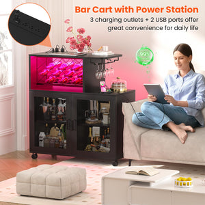 Small Bar Cabinet with LED Light, Power Outlets & Wine Rack