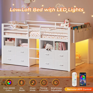 Low Loft Bed Twin with Storage Drawers, Bookcase & LED Lights
