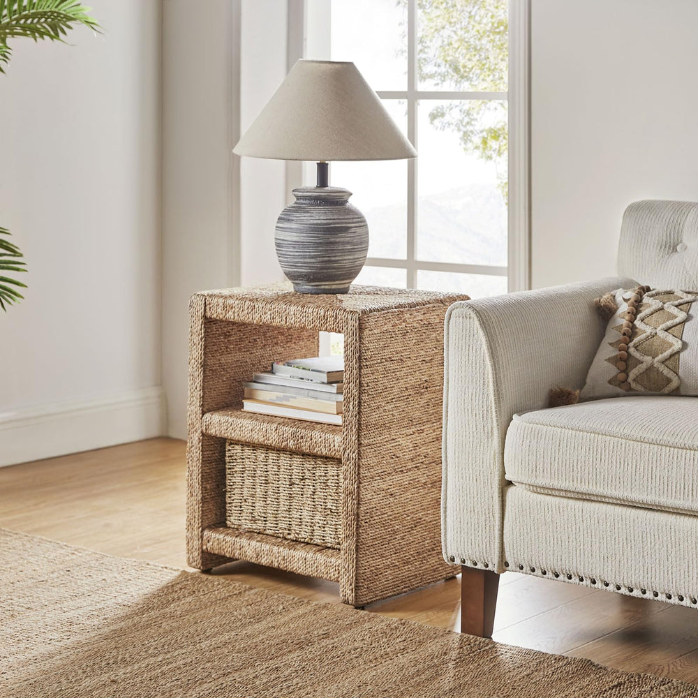 Rattan Nightstand with Seagrass Accents & Drawers – Set of 2