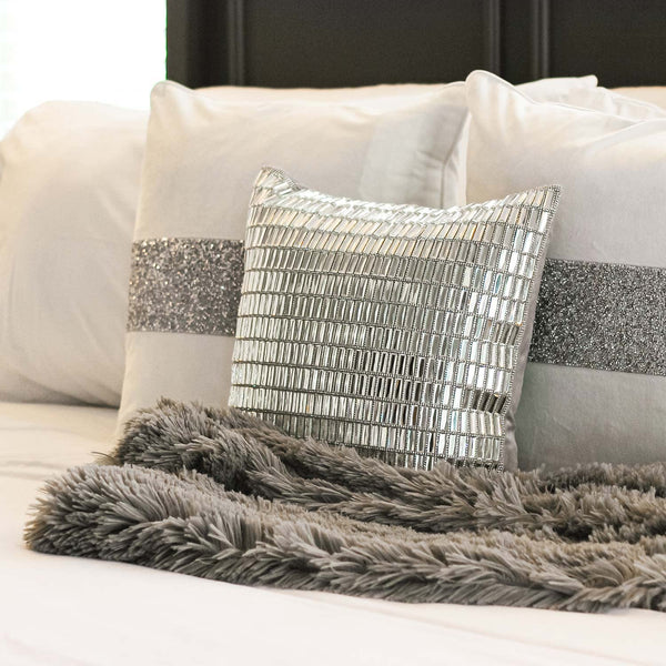 Silver Velvet Throw Pillow with Glass Rhinestones 16x16