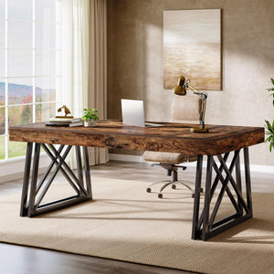 63-Inch Farmhouse Executive Desk with X-Shaped Metal Legs