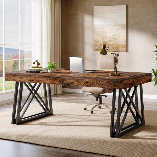 63-Inch Farmhouse Executive Desk with X-Shaped Metal Legs