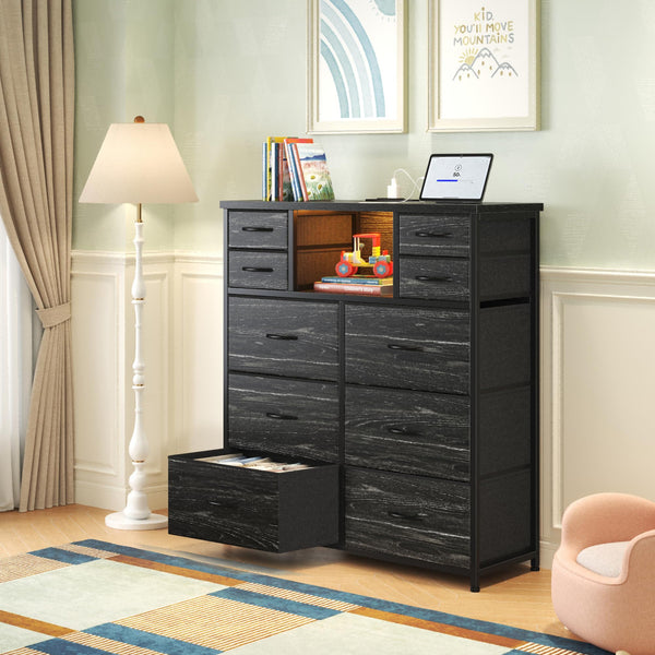 10-Drawer Dresser with LED Lights & Power Outlets – Fabric Chest of Drawers