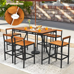 7-Piece Outdoor Acacia Wood Bar Set with 6 Bar Stools