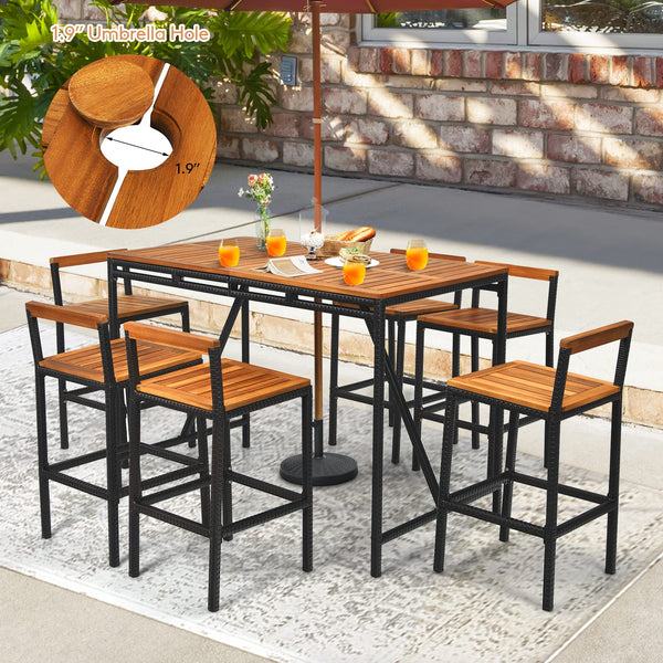 7-Piece Outdoor Acacia Wood Bar Set with 6 Bar Stools