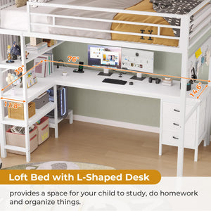 Twin Metal Loft Bed with L-Shaped Desk, LED Lights & Charging Station