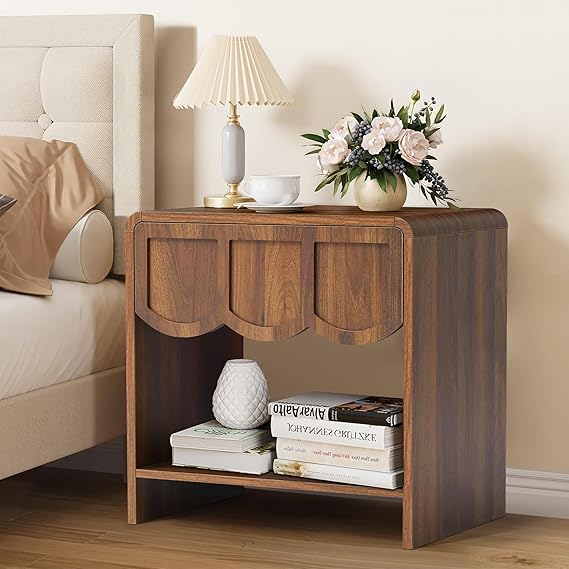 Modern Wood Nightstand with Wave Panel Drawer