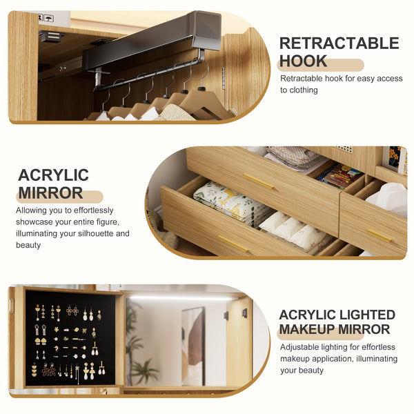 3-Door Rattan Armoire Wardrobe with LED Mirror & Drawers