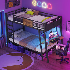 Twin Over Twin Bunk Bed with Desk, LED Lights & Power Outlets