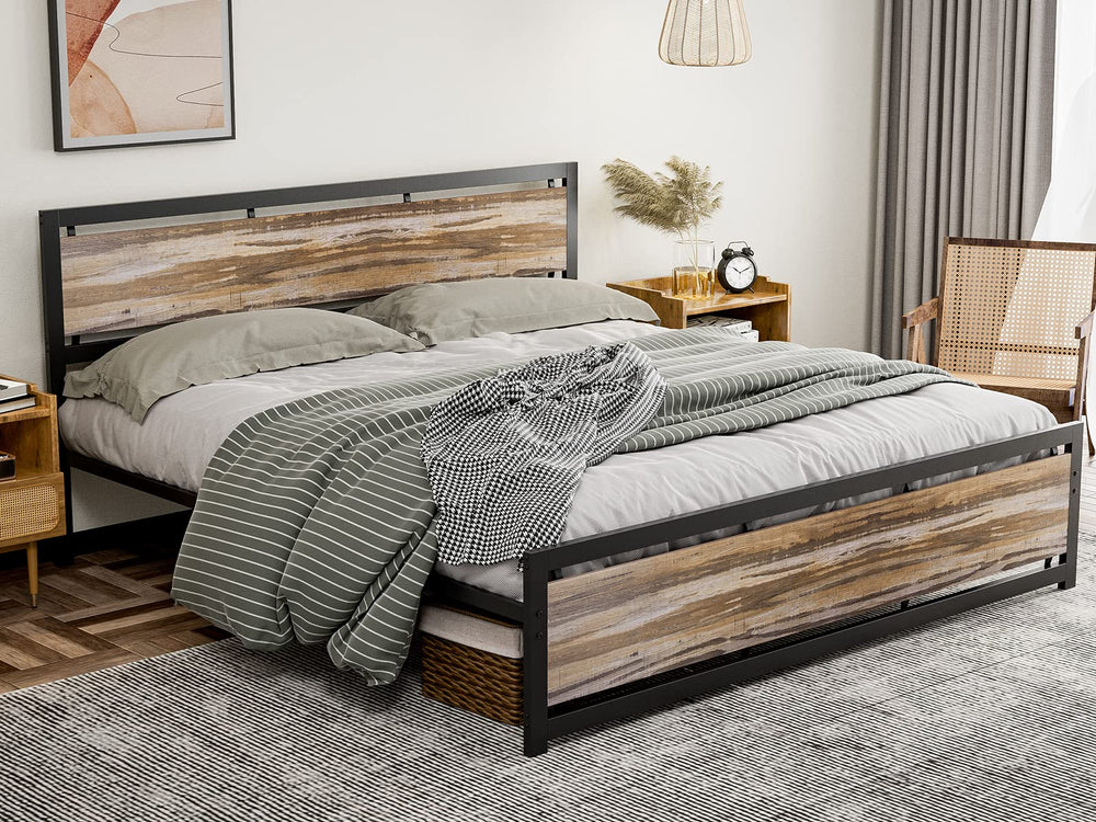 California King Metal Platform Bed Frame with Wooden Headboard – Industrial Style