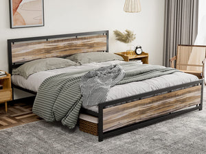 California King Metal Platform Bed Frame with Wooden Headboard – Industrial Style