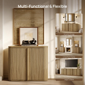 Fluted Sideboard Buffet Cabinet with Storage — Mid-Century Credenza with Solid Wood Handles