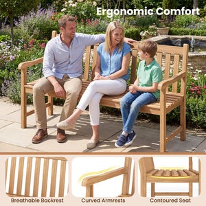 Solid Teak Wood Outdoor Bench with Armrests & Backrest, 3-Seat