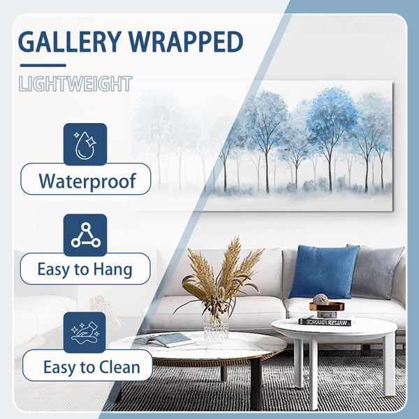 Blue Forest Canvas Wall Art – White Misty Trees Landscape, Multiple Sizes