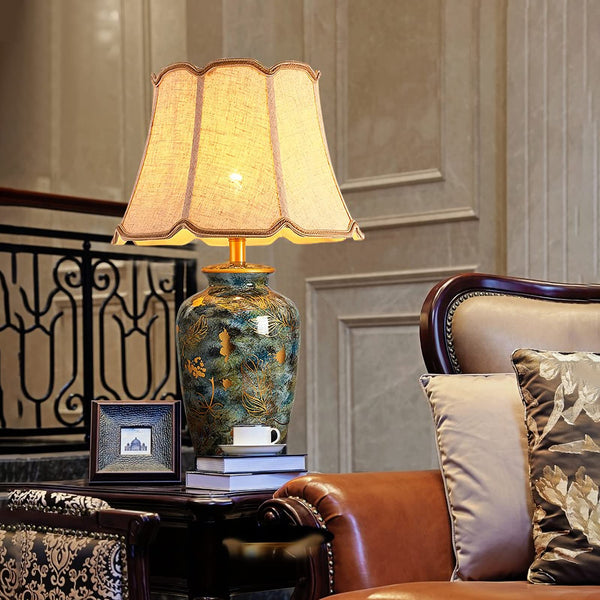 Blue Hand-Painted Ceramic Table Lamp with Fabric Shade