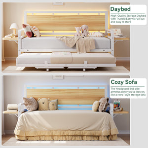 Twin Daybed with Pop-Up Trundle, RGB LED Headboard & Charging Station