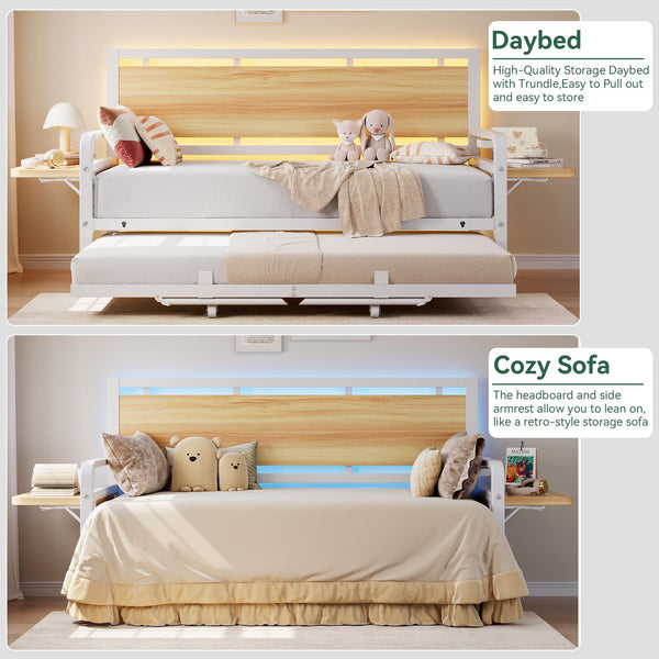Twin Daybed with Pop-Up Trundle, RGB LED Headboard & Charging Station
