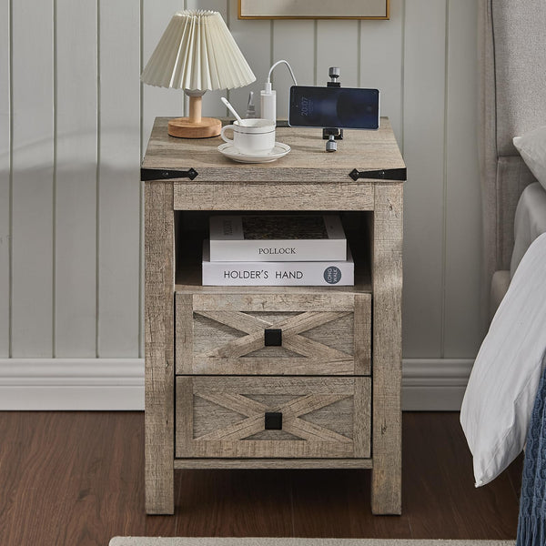 Farmhouse Nightstand with Charging Station, 2 Drawers & Open Shelf