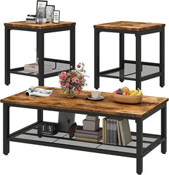 3-Piece Coffee Table and End Table Set – Rustic Brown Wood & Metal