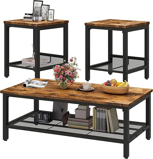 3-Piece Coffee Table and End Table Set – Rustic Brown Wood & Metal