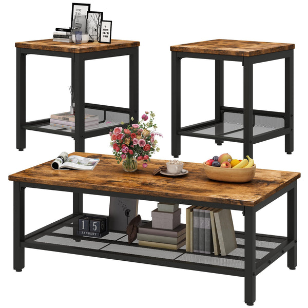 3-Piece Coffee Table and End Table Set – Rustic Brown Wood & Metal