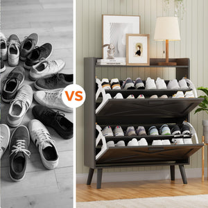Farmhouse Shoe Storage Cabinet with 2 Flip Drawers – Slim Entryway Shoe Rack