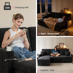 Convertible Sectional Sleeper Sofa with Storage & USB Charging