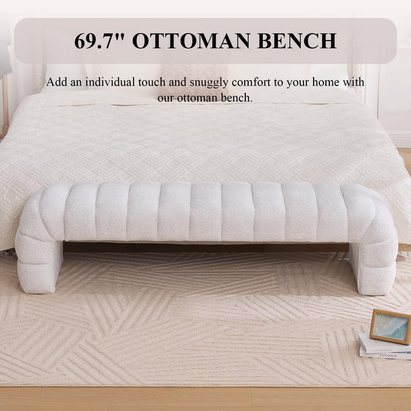 NIOIIKIT 69.7" Ottoman Bench, Teddy Upholstered Queen Size End of Bed Bench, Channel Tufted Entryway Bench with Cushion, Long Bedroom Bench, Window Bench Seat for Entryway, Living Room (Ivory)