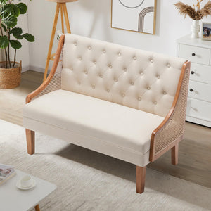 Mid-Century Modern Settee Loveseat with Rattan Arms & Tufted Linen Back