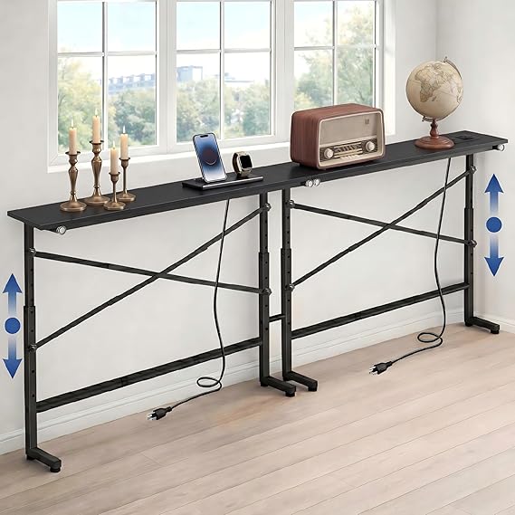 Skinny Console Sofa Table with Charging Station, Adjustable Height, 2-Pack (78.8")