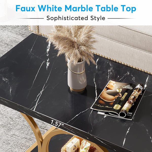 47" 2-Tier Rectangle Coffee Table with Faux Marble Top & Geometric Metal Legs