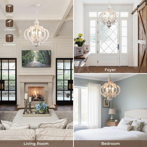 5-Light Farmhouse Chandelier – Distressed White, Rustic Wood, Adjustable Height
