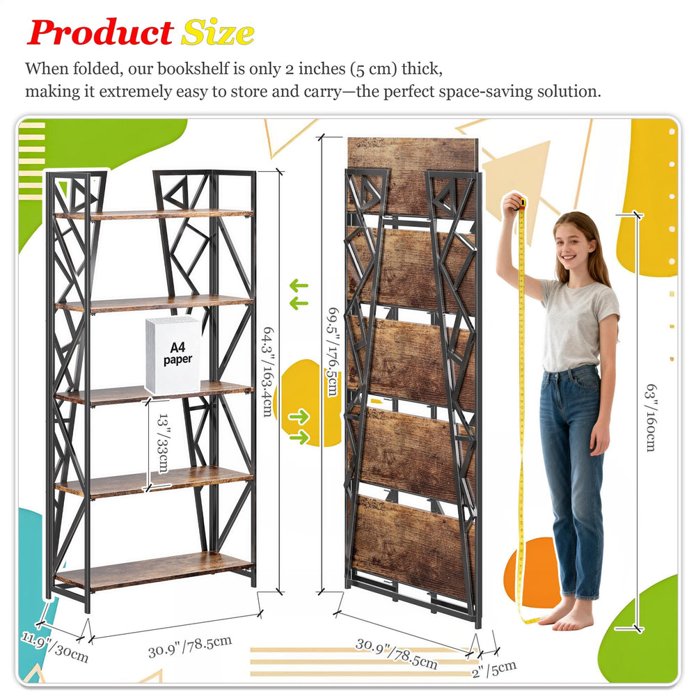 5-Tier Folding Bookshelf, No-Assembly Industrial Storage Shelves