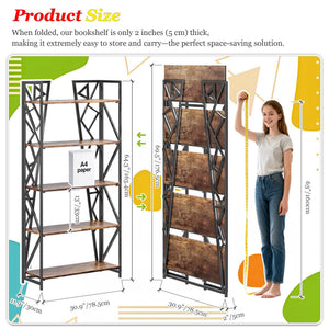 5-Tier Folding Bookshelf, No-Assembly Industrial Storage Shelves