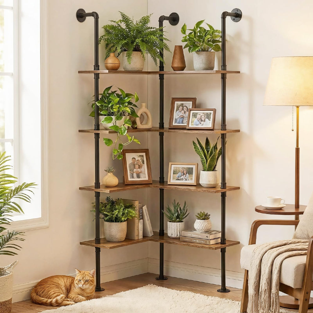 Industrial Pipe Corner Bookshelf – 4 Tier L-Shaped