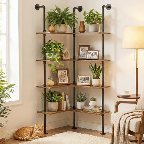 Industrial Pipe Corner Bookshelf – 4 Tier L-Shaped