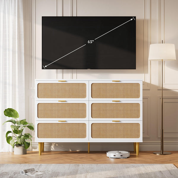 Rattan 6-Drawer Dresser – Boho Farmhouse Chest of Drawers
