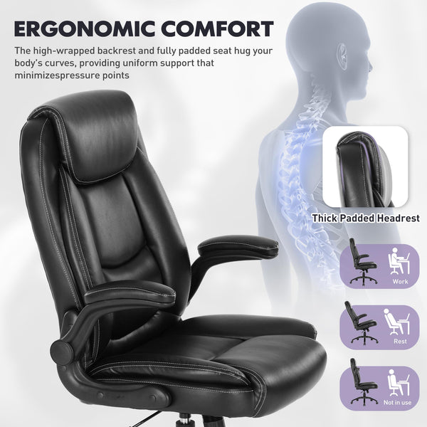 Ergonomic PU Leather Office Chair with Flip-Up Armrests