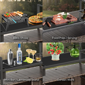 Outdoor Wicker Bar Cart with Storage Cabinet & Tempered Glass Top