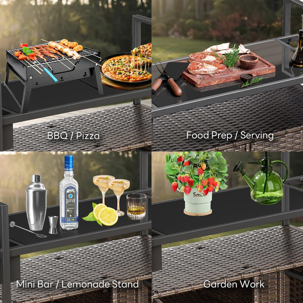 Outdoor Wicker Bar Cart with Storage Cabinet & Tempered Glass Top