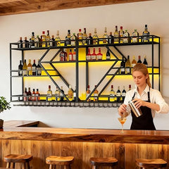 Wall Mounted Wine Rack with LED Light – 4-Tier Metal Floating Shelf with Glass Holder