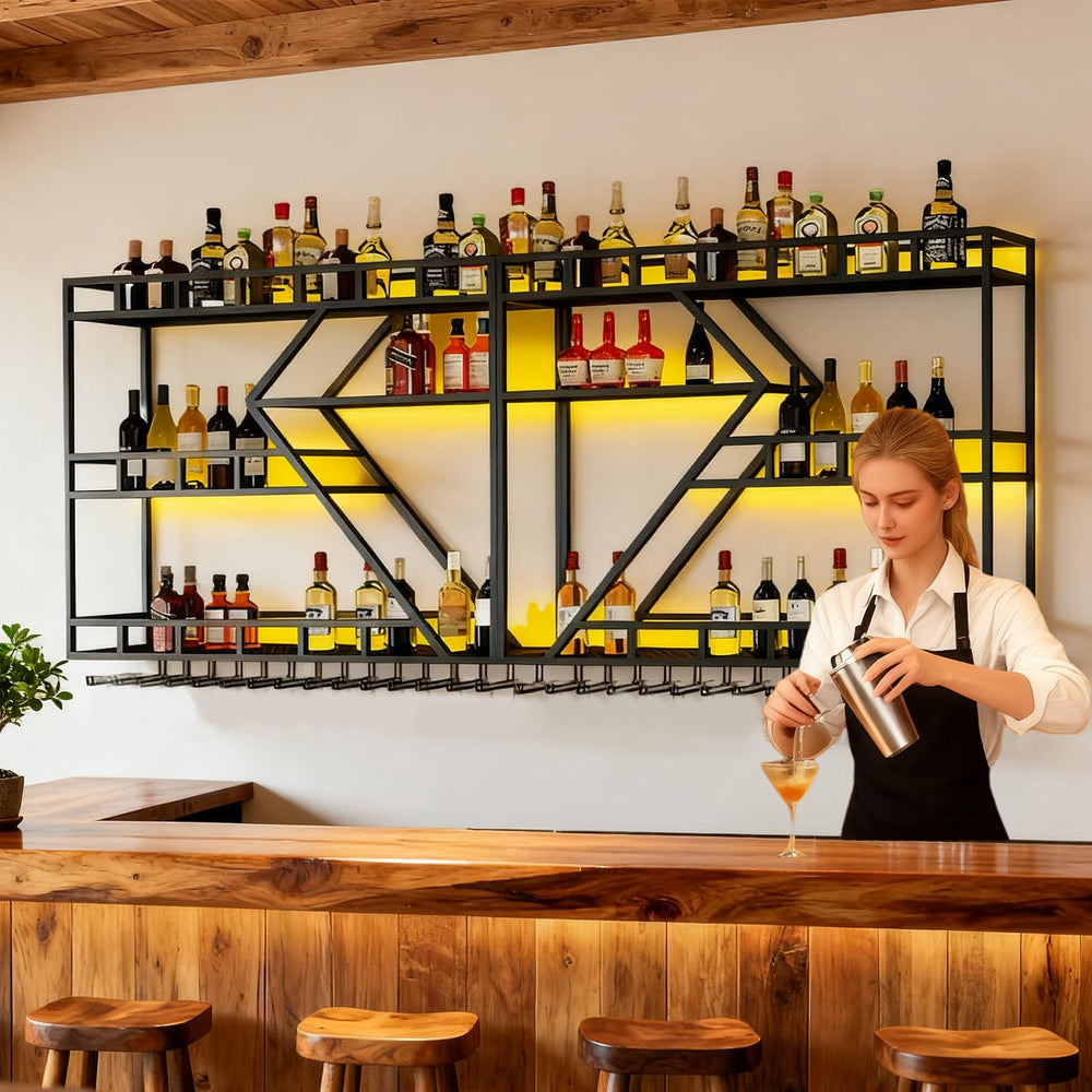 Wall Mounted Wine Rack with LED Light – 4-Tier Metal Floating Shelf with Glass Holder