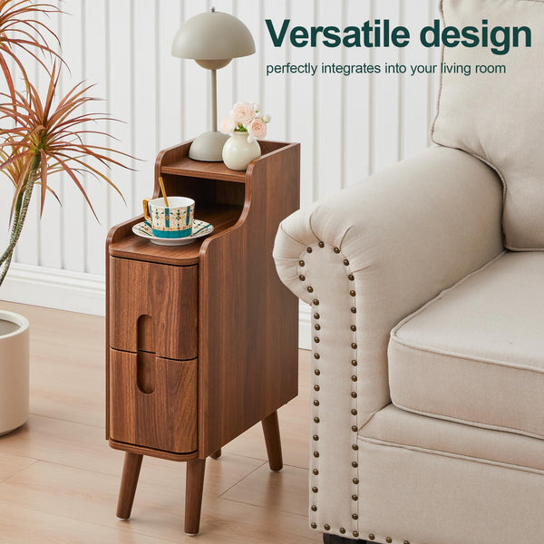 Mid-Century Modern Narrow Nightstand with 2 Drawers